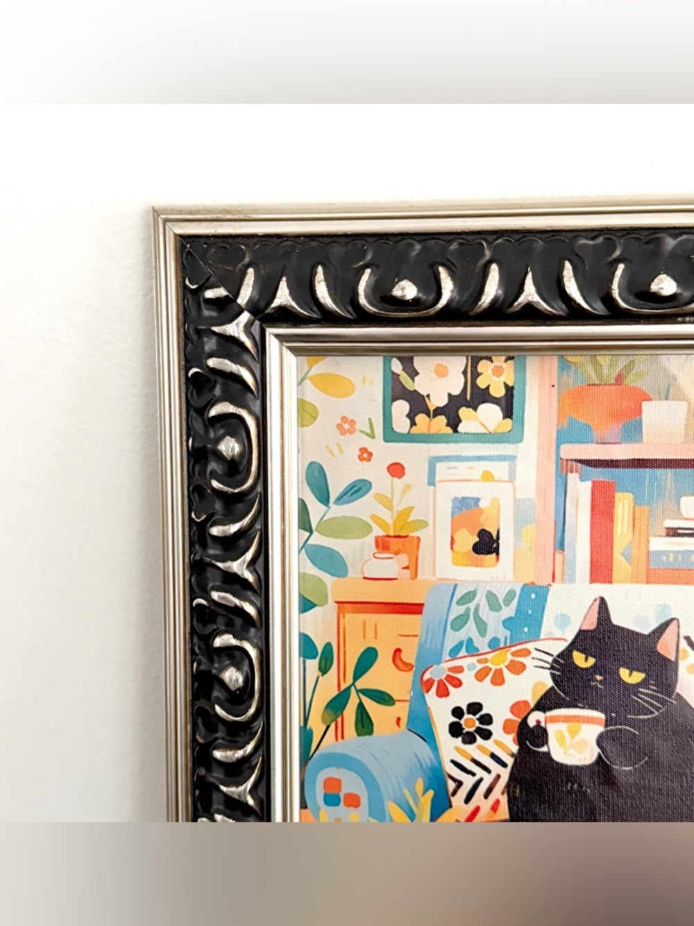 Cozy Black Cat Bookshelf Reading Books Coffee Floral Canvas Art Print Framed Art - Picture 4 of 10